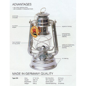 MADE IN GERMANY A German original Feuerhand , steeped in tradition: the storm lantern , which was used to keep construction sites safe up until the 1970s, now provides a pleasant glow in rooms and gardens. Until the mid-1940s, The Storm lanterns were made