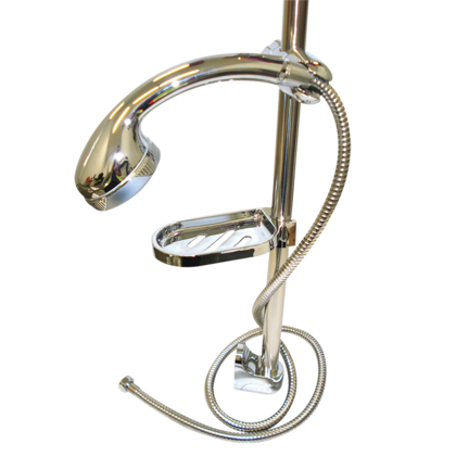 Chrome Shower Rail with Hose, Rose & Soap Dish Rail Length 600mm. Hose inlet connection is 1/2 inch female BSP Screw centres approximately 554mm apart. Shipping Weight: 1.09 Kgs. Campervan Caravan Motorhome RV Bus Camper Trailer Boat