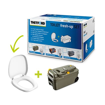 The Toilet fresh-up Set is an easy and economic way to make a used Cassette Toilet as good as new. The set includes a new waste-holding tank, and a new toilet seat. You can also purchase this set if you are looking to buy an additional waste-holding tank