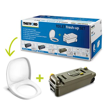 The Toilet fresh-up Set is an easy and economic way to make a used Cassette Toilet as good as new. The set includes a new waste-holding tank, a new toilet seat and free tank cleaner and bathroom cleaner. You can also purchase this set if you are looking t