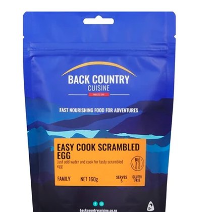 Back Country Cuisine Easy Cook Scrambled Egg is a quick and easy freeze dried meal compliment, just add water and cook for tasty scrambled egg. Gluten free.  Hungry and tired of carrying heavy food? Back Country Cuisine freeze dried meals are light weight