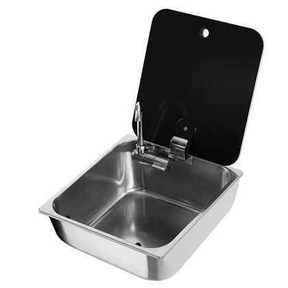 CAN Sink With Glass Lid & Folding Mixer  Sturdy stainless steel sink with a glass lid for added benchtop space.  It comes complete with a fold down hot & cold mixer tap.  Features:      Stainless sink with tempered glass cover     Comes complete with mixe